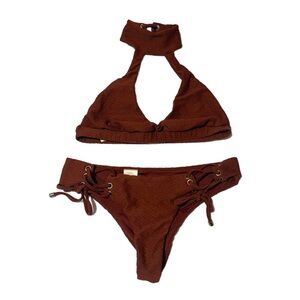 Blue Life Bikini Roped Up Halter Top and Bottom in Clay